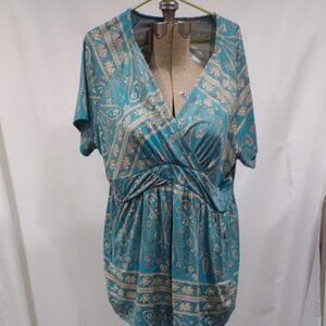 WOMAN'S 4X TEAL & TAN FLORAL & VINES TOP RAYON CAP SLEEVES LIGHTWEIGHT PLUS SIZE